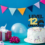 level 12 unlocked cake topper official teenager 12th birthday cake decoration, video game controller theme happy birthday party decoration, black gold glitter cake decoration