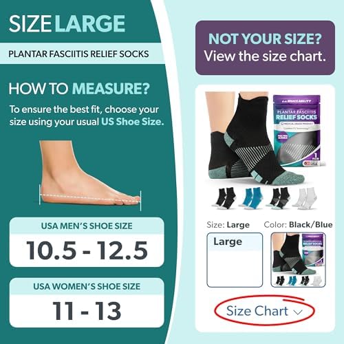 BraceAbility Plantar Fasciitis Socks - Ankle Compression Socks for Foot Pain Relief, Heel Spurs, Achilles Tendonitis, Full-Toe Arch Support Sleeve Socks for Women and Men (1 Pair - L Black/Blue)