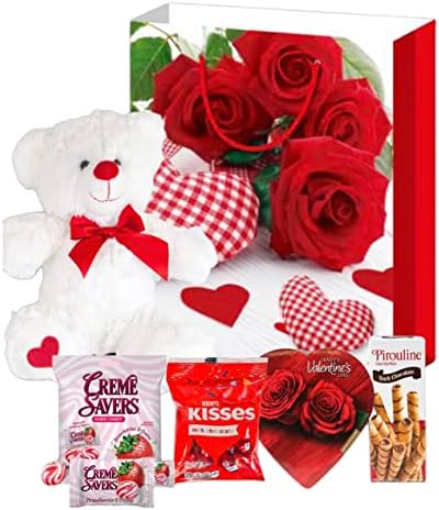 Valentines Day Gift Basket Set | Teddy Bear Plush (COLOR VARYS), Creme Savers Hard Candy, Individually Wrapped, Hershey Kisses Milk Chocolate, Heart Shape Elmer Chocolates Dark Chocolate or Hazelnut Pirouline Wafers, & Valentine Bag (Design Varies |