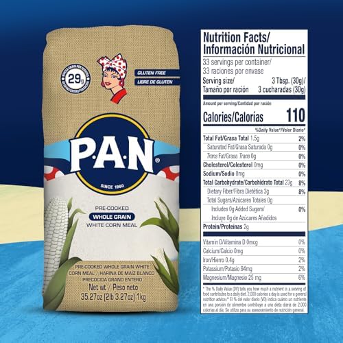 P.A.N. Whole Grain White Corn Meal – Pre-cooked Gluten Free and Kosher Flour for Arepas (2.2 lb/Pack of 4)