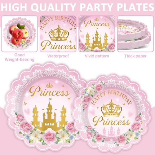 96pcs Princess Birthday Party Decorations Pink Princess Scalloped Plates Napkin Tableware Set Pink Floral Gold Castle Fairytale Disposable Tableware for Girls Birthday Baby Shower Party Supplies Favor