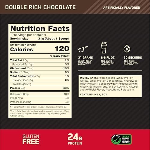 Optimum Nutrition Gold Standard 100% Whey Protein Powder, Double Rich Chocolate, 0.68 Pound (Pack of 1)