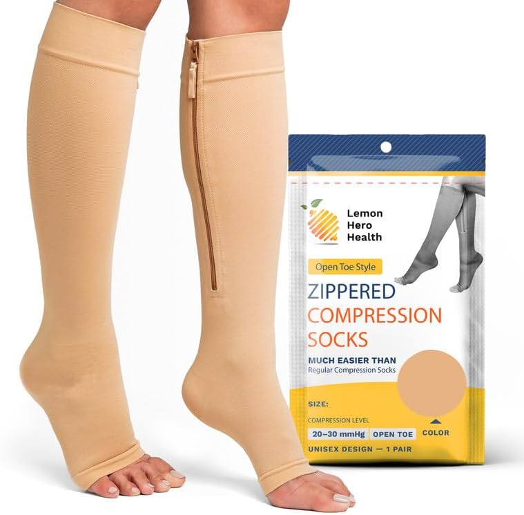 Zipper Compression Socks 20-30mmHg Open Toe with Zip Guard Skin Protection - Medical Zippered Compression Socks for Men & Women - Beige, Medium