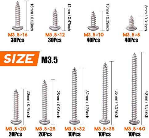210-Pcs [# 6 5/16'' to 1-1/2''] 304 Stainless Steel Round Pan Head Phillips Cross Wood Screws Drive Self Tapping Drilling Screws Assortment Kit