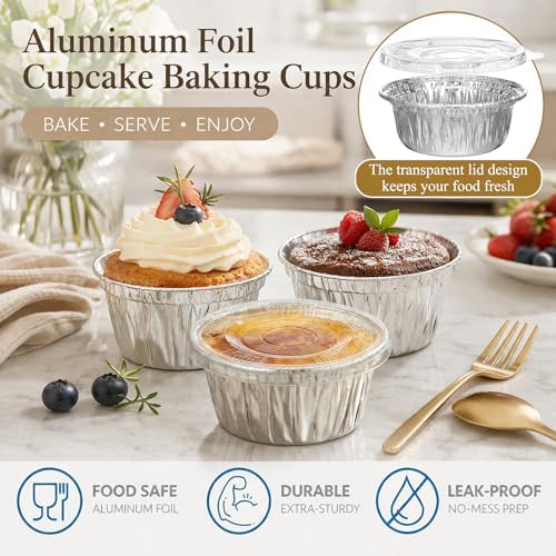 Domensi 100 Pcs 4'' Aluminum Pie Pans with Lids Bulks 5 oz Mini Disposable Pie Tins Round Foil Cup Ramekin Food Containers for Oven Cooking Takeout Storage Meal Prep Creme Brulee Cakes Sauces