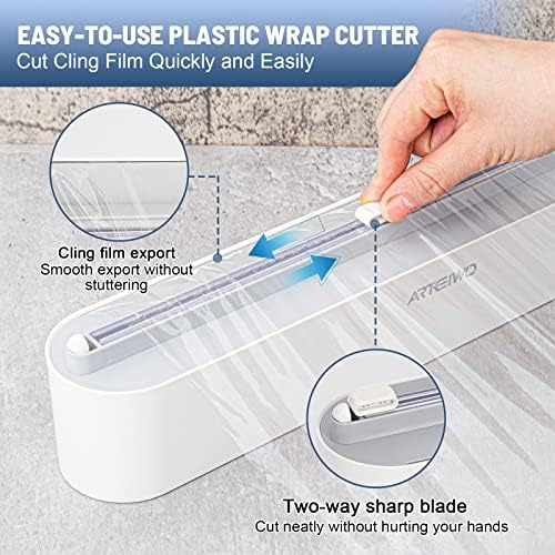 Magnetic Refillable Plastic Wrap Dispenser With Cutter, Tin Aluminum Foil Dispenser with Cutter, Sturdy Food Cling Wrap Film Cutter, 12 Inch X 328 Feet Plastic Wrap Included…