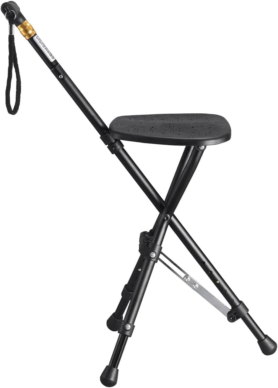 Anti-Slip Walking Cane with Seat Folding Lightweight,Walking Stick Height Adjustment,Portable and Sturdy Cane Chair for Travel Outdoor Use, Queuing, Elderly Women and Men