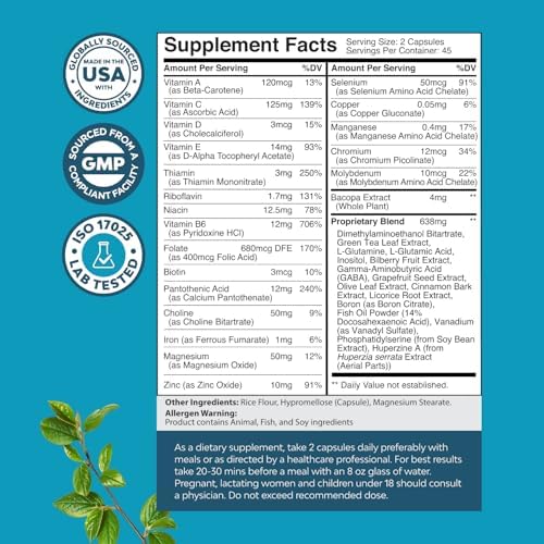 Nootropic Brain Supplement for Memory and Focus Support - Vitamins for Mental Support & Clarity with Bacopa Monnieri, VIT A, B6, Riboflavin, Niacin, Thiamin & Folate - Cognitive Complex - 90 Count