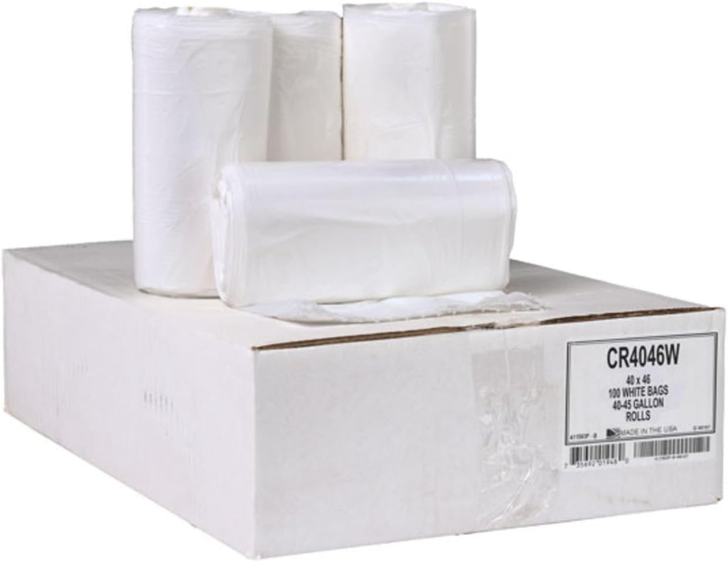 Aluf Plastics 45 Gallon Trash Bags, 40" x 46" , White (Pack of 100) - For Bathroom, Household, Office, and Lightweight Garbage - Coreless Rolls