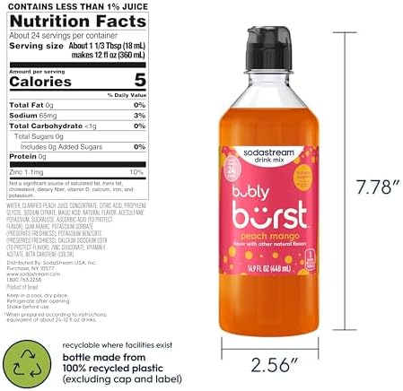 SodaStream Bubly Burst Peach Mango New Pour Bottles (440ml Pack of 4)
