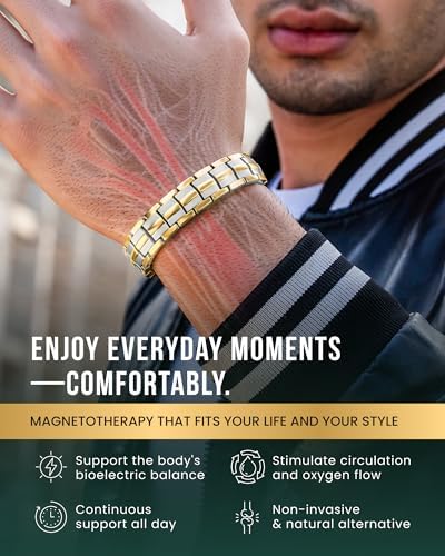 MagnetRX® Magnetic Bracelets for Men - EllipseMAX 5X Strength 5,000 Gauss Magnets - Designed in USA & Patent Pending - Premium Titanium Mens Magnetic Bracelet & Adjustable Length (Silver/Gold)