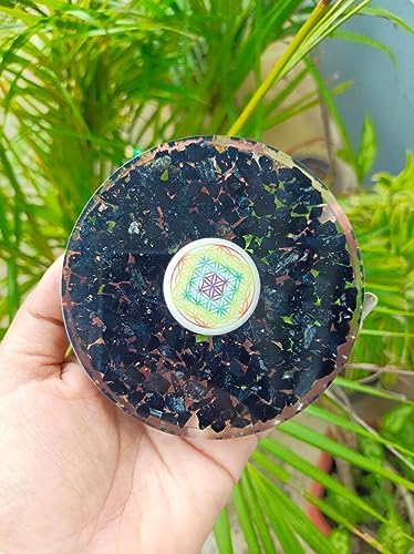 Jet Black Tourmaline Orgone Tea Coaster Flower of Life Round 40 Page Booklet Jet International Crystal Therapy India