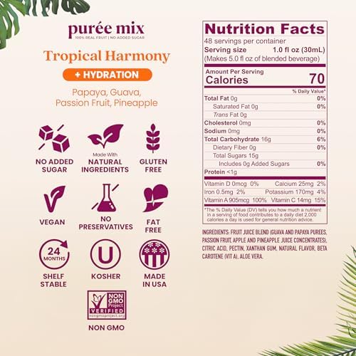 Smartfruit Tropical Harmony + Aloe – 100% Real Fruit Purée with Pineapple, Passion Fruit, Papaya & Guava – Great for Smoothies, Juice, Yogurt, Cocktails, Teas & More – High in Vitamin A & C – 48oz