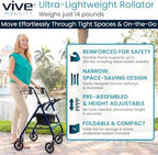 Vive Ultra Lightweight Rollator Walker with Seat - Foldable, Narrow, Rolling Senior Walker for Small Spaces - 4 Wheel Aluminum Adult Easy Drive Aid with Underseat Accessory