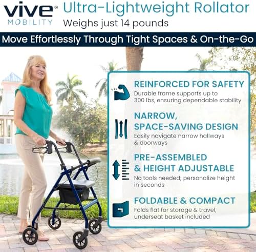 Vive Ultra Lightweight Rollator Walker with Seat - Foldable, Narrow, Rolling Senior Walker for Small Spaces - 4 Wheel Aluminum Adult Easy Drive Aid with Underseat Accessory - Weighs Only 14 Lbs