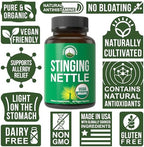USDA Organic Stinging Nettle Vegan Capsules Made with Stinging Nettle Leaf Powder for Prostate, Hair Growth, Allergy. Better Than Root or Seed Extract. Plant Based Herb Supplement Tablets, 60 Pills