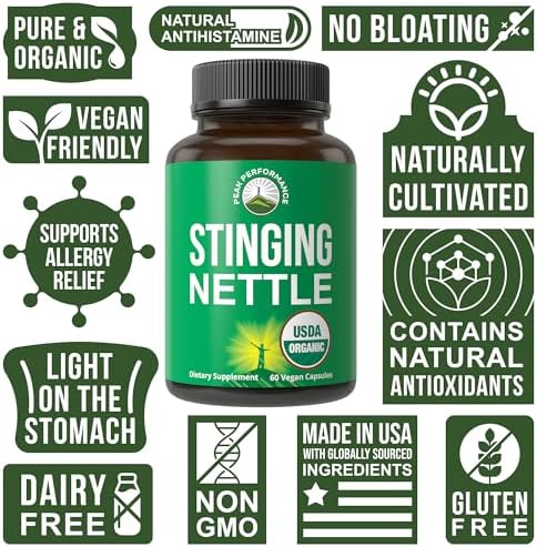 USDA Organic Stinging Nettle Vegan Capsules Made with Stinging Nettle Leaf Powder for Prostate, Hair Growth, Allergy. Better Than Root or Seed Extract. Plant Based Herb Supplement Tablets, 60 Pills