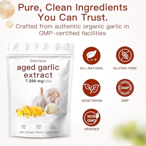 Odorless Aged Garlic Extract,7500mg Organic Garlic Capsules Supplement for Antioxidant Wellness & Immune Support,Vegetarian,Non-GMO,All-Natural-300 Count