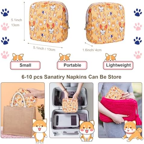 Period Bag Pouch, Canvas Sanitary Napkin Storage Bag for Girls Womens, Portable Sanitary Napkin Period Pad Pouch for Purse, Small Make Up Bags(Orange Dog)