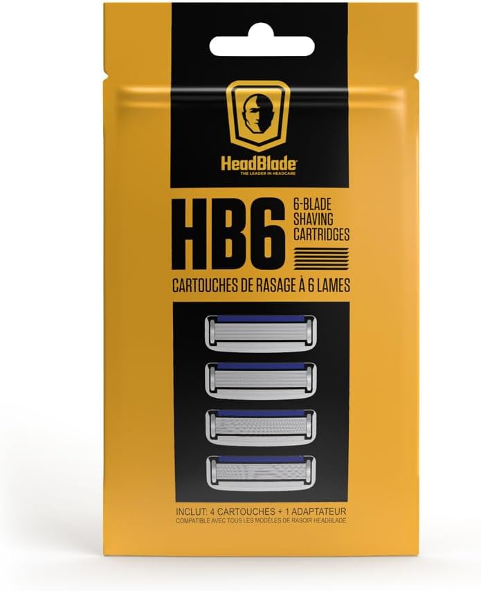 HeadBlade Men's HB6 Refill Shaving Razor Blades - 6 Stainless Steel Blades for No Tugging or Pulling, Shave Less, Works for Face, Body, and Scalp (4 Blades) 1 Pack