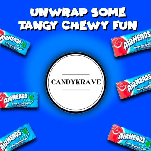 Airheads Candy Mini Bars, Blue Raspberry Flavor, 40 Pieces Bulk Bag, Individually Wrapped Non-Melting Chewy Fruit Taffy, Gluten Free, Perfect for Birthdays, Parties & Pantry (1 lbs)