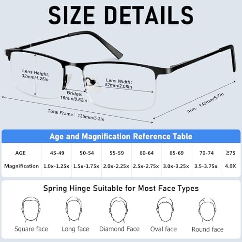 2 Pack Reading Glasses for Men, Lightweight Metal Half Frame Blue Light Blocking Computer Eyeglasses,Spring Hinges Anti Eyestrain/Glare/UV Readers(Black 1.25)