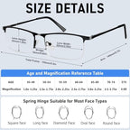 2 Pack Reading Glasses for Men, Lightweight Metal Half Frame Blue Light Blocking Computer Eyeglasses,Spring Hinges Anti Eyestrain/Glare/UV Readers(Black 1.25)