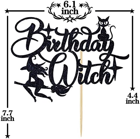 Black Glitter Birthday Witch Cake Topper, Halloween Witch Spider Spooky Cake Decor, Halloween Themed Birthday Party Decorations for Girls Women