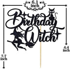 Black Glitter Birthday Witch Cake Topper, Halloween Witch Spider Spooky Cake Decor, Halloween Themed Birthday Party Decorations for Girls Women