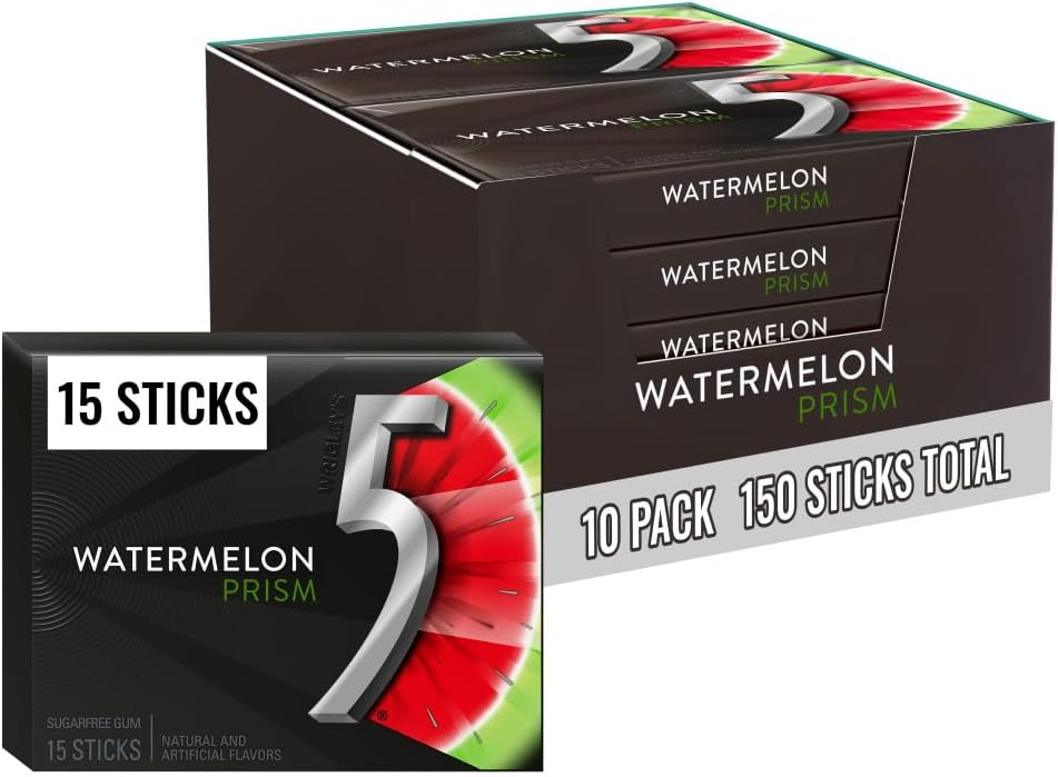 5 GUM Watermelon Prism Sugar Free Chewing Gum Bulk, 15 Stick Box (10 Pack)