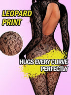 Women Sexy Fishnet Bodysuit, Lace Leopard Jumpsuit Full Body Stockings Mesh Lingerie, One Piece Party Festival Rave Outfits