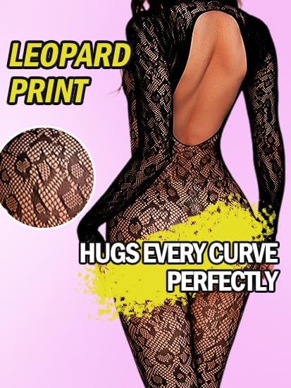 Women Sexy Fishnet Bodysuit, Lace Leopard Jumpsuit Full Body Stockings Mesh Lingerie, One Piece Party Festival Rave Outfits