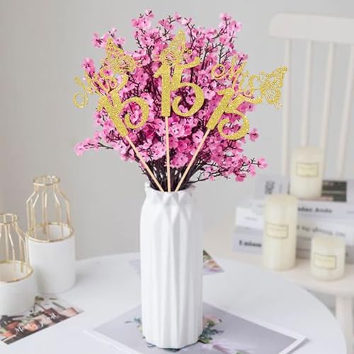 12 Pack Mis 15 Centerpiece Sticks, Happy 15th Birthday Party Decorations, Double Sided Gold Glitter Hello 15 Fabulous Table Toppers, Cheers to 15 Years Old Birthday Anniversary Party Decotations
