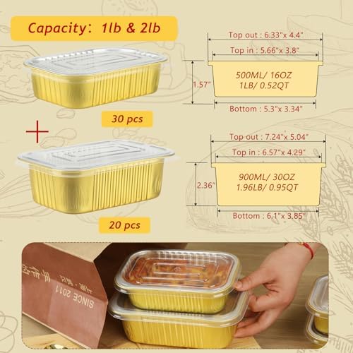 LNYZQUS Aluminum Pans with Lids 50 Pack,Heavy Duty Foil Baking Tins Leftover Containers with PP Covers (30 x 6”x4”+20 x 7”x5”),Disposable Takeout Pans Pots for Meal Prep Cooking Heating Storing