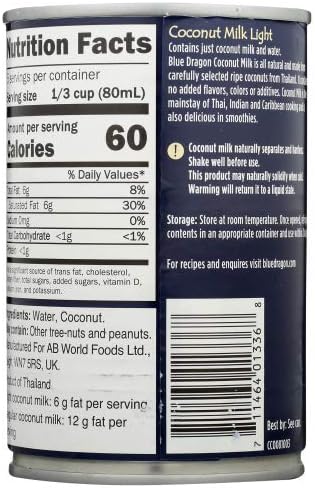 Blue Dragon Light Coconut Milk, No Additives, 13.5 Ounces (Pack Of 12)