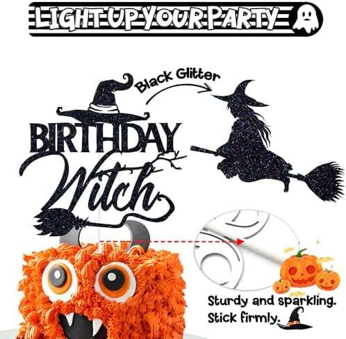 Black Glitter Birthday Witch Cake Topper, Happy Booday/Happy Halloween, Halloween Themed Birthday Party Decorations for Girls Women