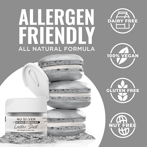 Luster Dust - Nu Silver (4g 1x Jar) | Edible Vegan Dust & Paint for Cake Decorating, Ice Cream, Desserts, Cocktails and Beverages by Bakell
