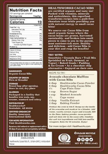 Healthworks Superfoods Cacao Nibs Organic - 16 Oz / 1 Lb - Criollo Bean - Raw Unsweetened Chocolate Substitute - Certified Organic - Keto, Vegan & Non-GMO - Antioxidant