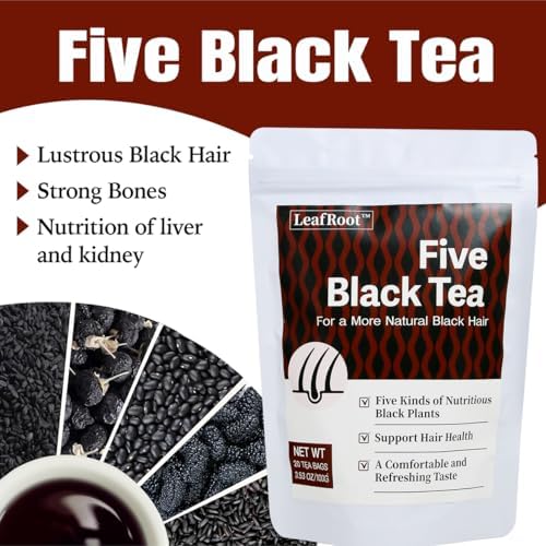 LEAFROOT 20 Teabags Natural Five Black Tea, Wu Hei Sesame Seeds Mulberry Black Wolfberry Tea Combination Chinese Herbal Tea, Hair care for Gray Hair Reverse, Nourishing Liver and Kidney