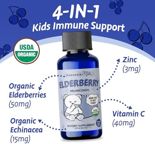 Legendairy Milk Elderberry Syrup Organic Liquid Drops for Babies & Toddlers, Immune Support Supplement Vitamin C, Zinc, Echinacea, Natural Baby Multivitamin Tincture Infant Immunity Kids 30 Servings