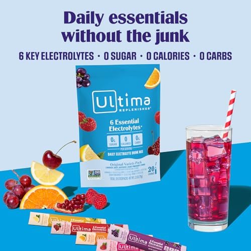 Ultima Replenisher Daily Electrolyte Powder – Original Variety Pack, 20 Stickpacks – Zero Sugar Hydration Packets with 6 Electrolytes and Minerals – Sugar Free, Plant Based & Keto Friendly Drink Mix