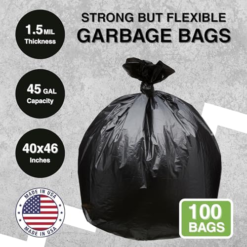 Top Knot Bags 45 Gallon Garbage Trash Bag 40X46" 1.5 Mil Black 100 Count Can Liner Bulk 40 Gallon 41 Gallon 42 Gallon 43 Gallon 44 Gallon Made in USA