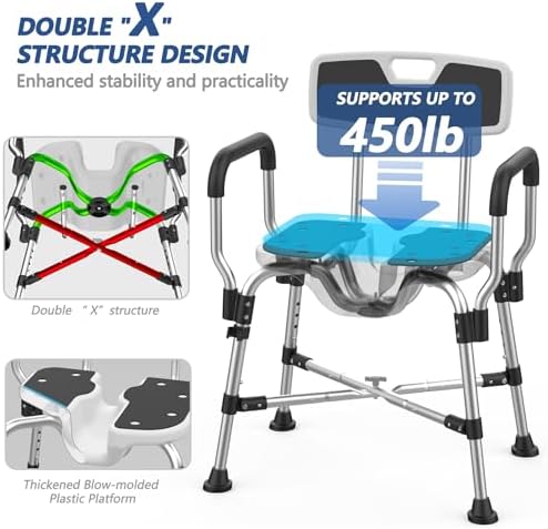 Heavy Duty Shower Chair for Inside Shower 450lb U-shape Shower Seat with Arm and Back for Elderly and Disabled Adjustable Height Medical Bathtub Stool Private Clean for Women Seniors Handicap