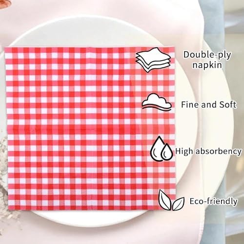 Paper Napkins Disposable Red Checkered Napkins Everyday Red White Gingham Dinner Napkin Cocktail Beverage Napkin for Lunch Picnic BBQ Christmas Halloween Birthday Party Decoration Supplies 40PCS