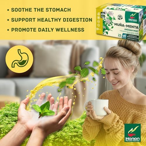 Hanan Muña Tea Bags – 100% Natural Andean Mint Herbal Tea from Peru, 25 Bags of Traditional Té de Muña del Perú, Caffeine-Free for Digestion, Fresh Flavor and Relaxation
