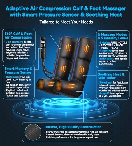 Leg Massager with Heat, Foot and Calf Air Compression Massager with 6 Modes & 9 Intensities, 3-Level Heating, LED Display, Timer, Zipper Design, Home Relaxation for Tired Feet & Calves,Black