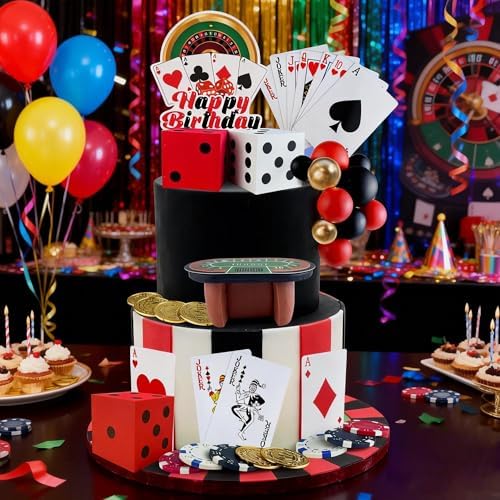 40PCS Poker Cake Toppers Casino Theme Cake Decorations Dice Poker Perfect for Man Casino Theme Party Black and Red Toppers