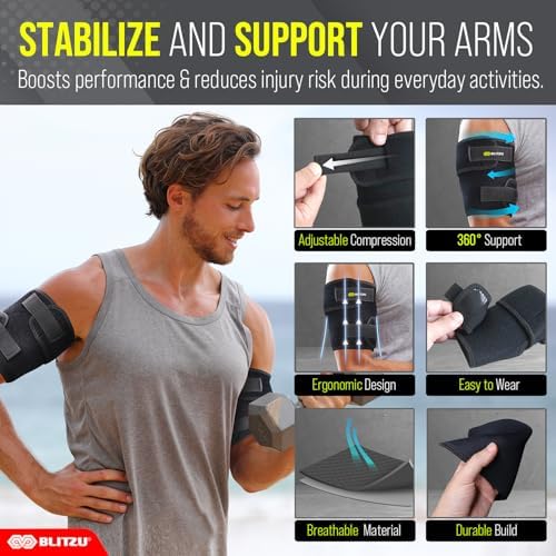 BLITZU Bicep Tendonitis Brace, Upper Arm Wrap, Tricep Compression Sleeve Support Bands for Men and Women with 2 Adjustable Straps, Pain Relief for Muscle Strains Recovery & Inflammation Black S-M