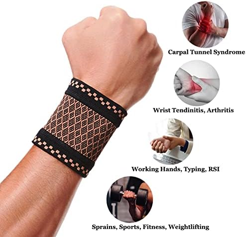 Copper Wrist Compression Brace (2Pcs), Elastic Wrist Support Sleeve Wrist Braces for Tendonitis, Arthritis, Carpal Tunnel Pain Relief, Soft Wrist Wrap Wristbands for Sport, Fitness, Workout, Typing(M)