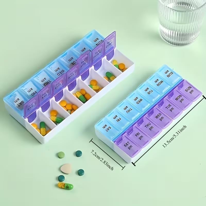 7-Day Pill Organizer, 14 Compartment Double Row Large Capacity Weekly Pill Box, Portable Easy Open Lid Medicine Storage Case for Pills, Vitamins, Supplements – Compact Travel Design